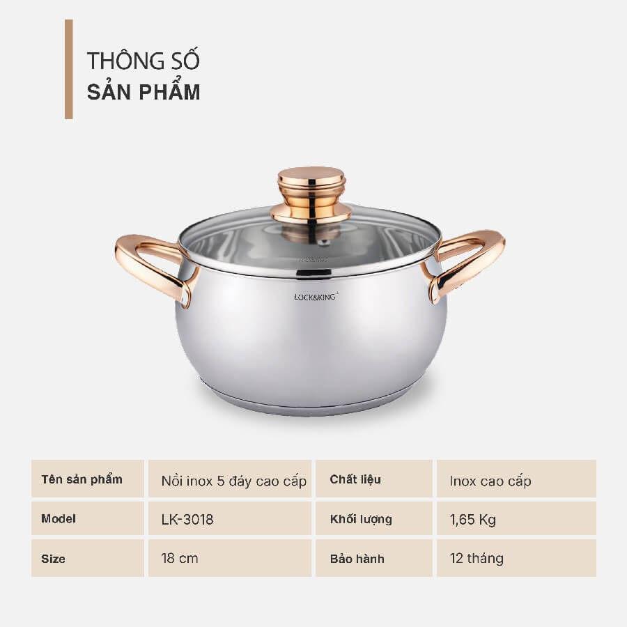 Nồi Inox 5 Đáy Cao Cấp Lock&King LK-3018