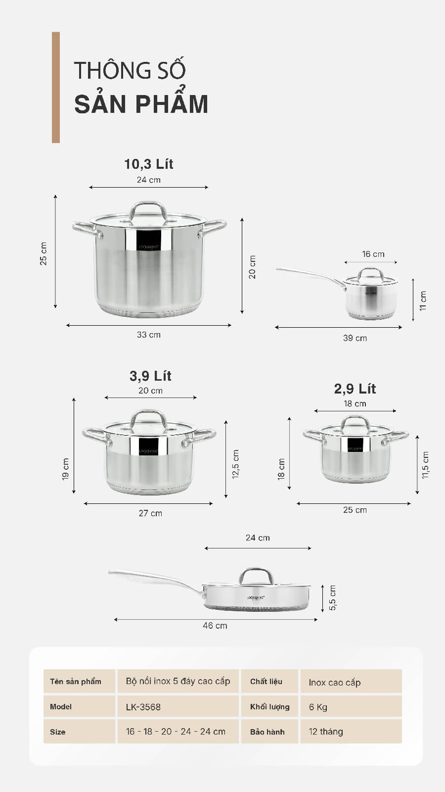Bộ nồi inox 5 đáy cao cấp lock&king lk-3568 8 Bộ Nồi Inox 5 Đáy Cao Cấp Lock&King LK-3568