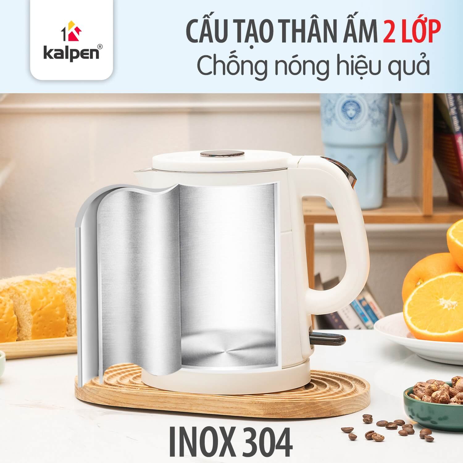 Ấm đun siêu tốc hai lớp inox 304 kalpen kk98 800ml 7 Ấm đun siêu tốc hai lớp Inox 304 Kalpen KK98 800ml