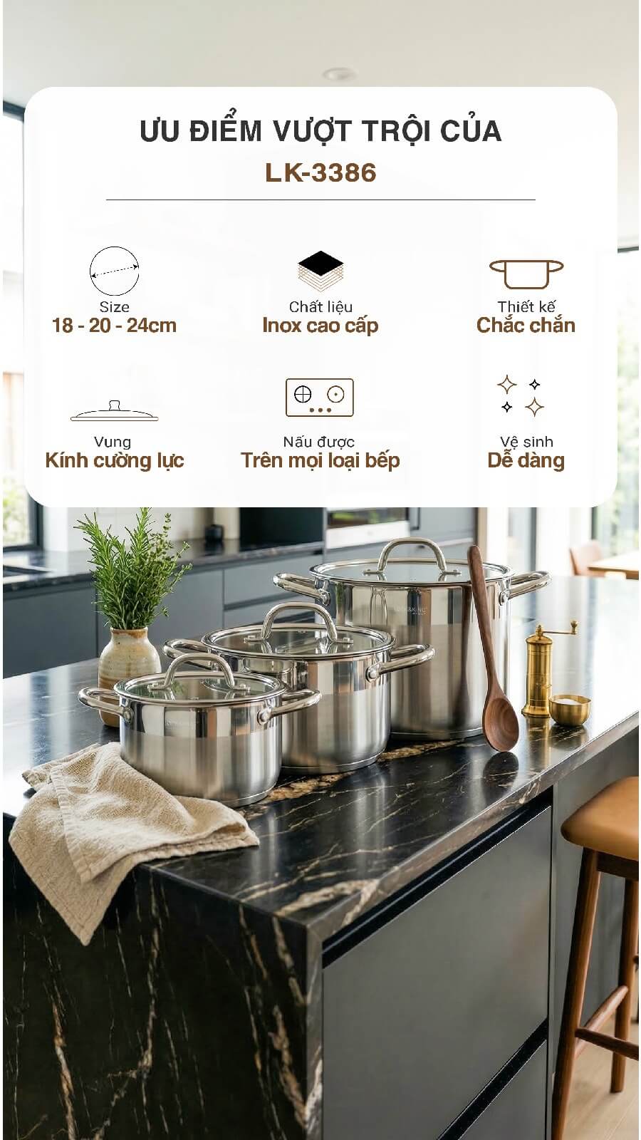 Bộ nồi inox 5 đáy cao cấp lock&king lk-3386 8 Bộ Nồi Inox 5 Đáy Cao Cấp Lock&King LK-3386 phù hợp, tiện lợi