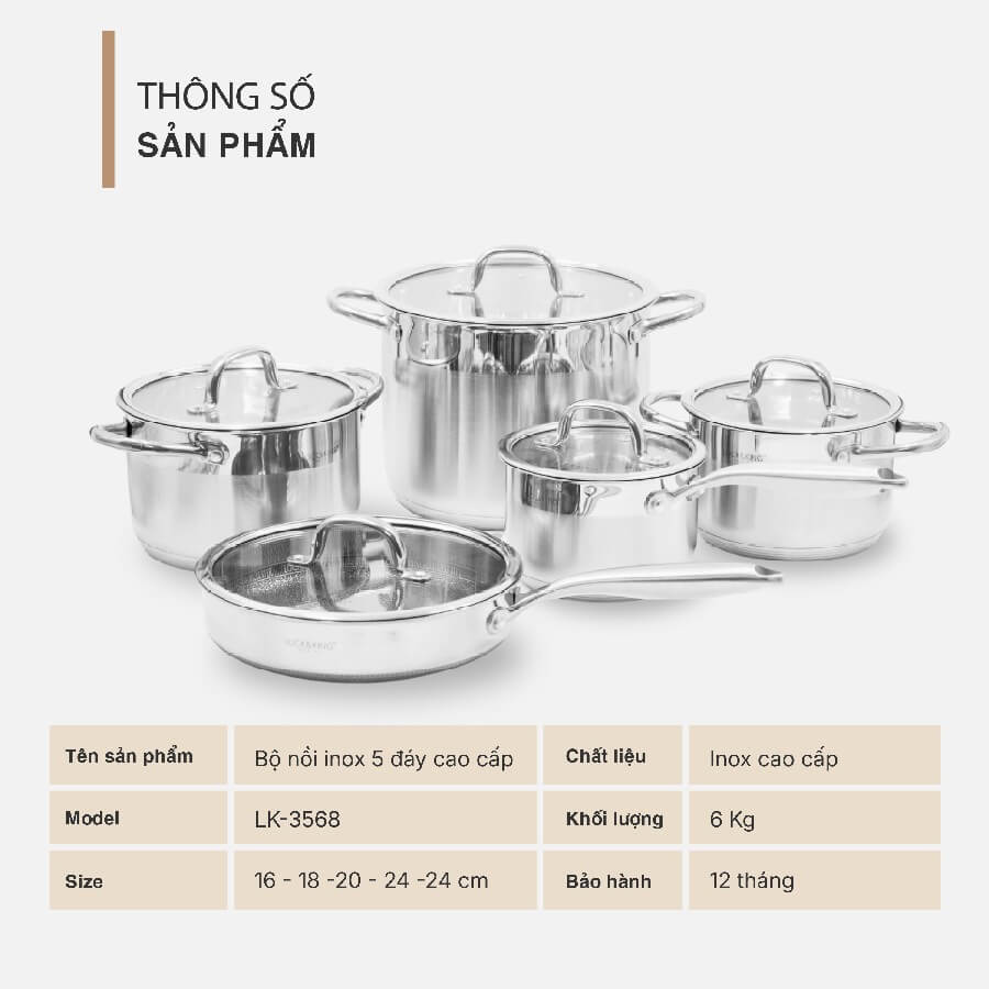 Bộ nồi inox 5 đáy cao cấp lock&king lk-3568 6 Bộ Nồi Inox 5 Đáy Cao Cấp Lock&King LK-3568