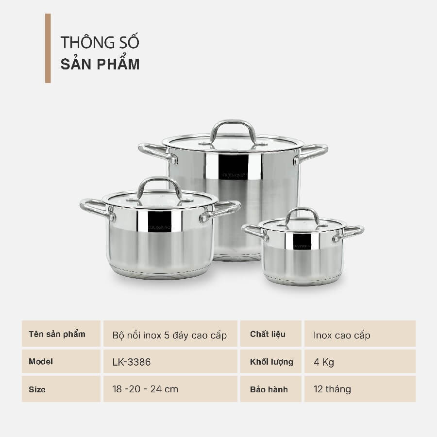Bộ nồi inox 5 đáy cao cấp lock&king lk-3386 6 Bộ Nồi Inox 5 Đáy Cao Cấp Lock&King LK-3386