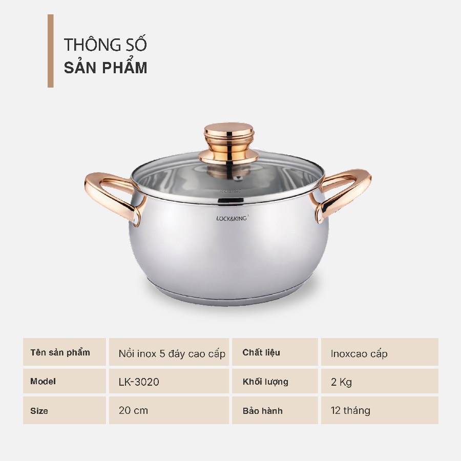 Nồi Inox 5 Đáy Cao Cấp Lock&King LK-3020
