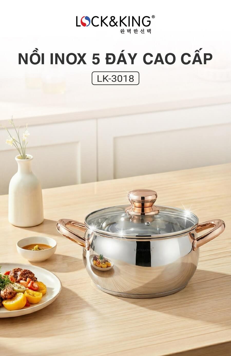 Nồi Inox 5 Đáy Cao Cấp Lock&King LK-3018