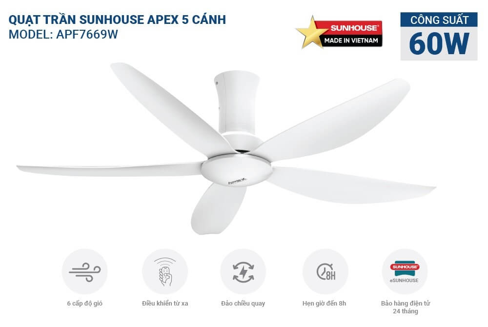 Quạt trần 5 cánh sunhouse apex apf7669w 11 QUẠT TRẦN 5 CÁNH SUNHOUSE APEX APF7669W