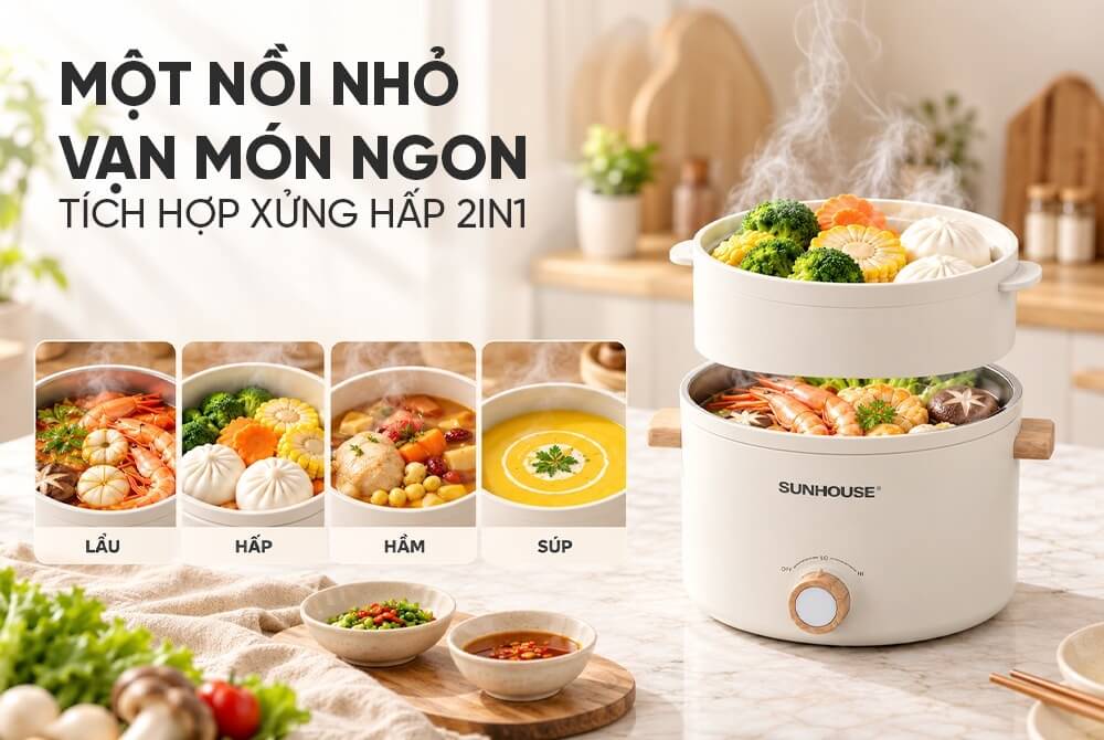 Lẩu điện mini đa năng 2. 0l sunhouse shd4514 7 Lẩu điện mini đa năng 2.0L Sunhouse SHD4514 thiết kế 2 trong 1 kết hợp xưởng hấp
