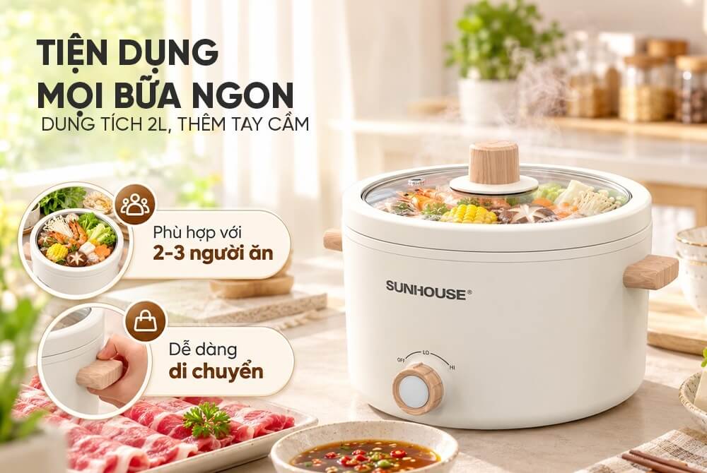 Lẩu điện mini đa năng 2. 0l sunhouse shd4514 6 Lẩu điện mini đa năng 2.0L Sunhouse SHD4514 dung tích 2l