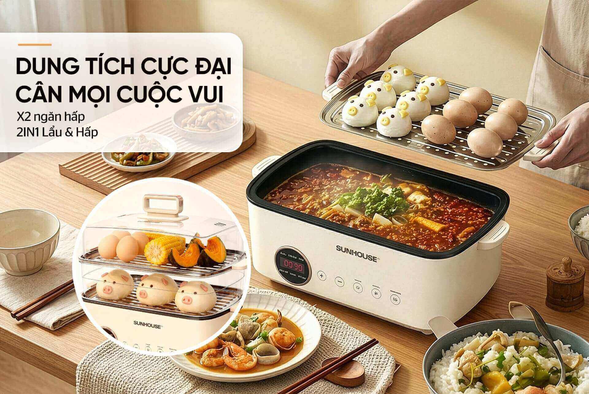 Lẩu hấp đa năng 14. 5l sunhouse shd4593 7 Lẩu hấp đa năng 14.5L Sunhouse SHD4593 dung tích lớn