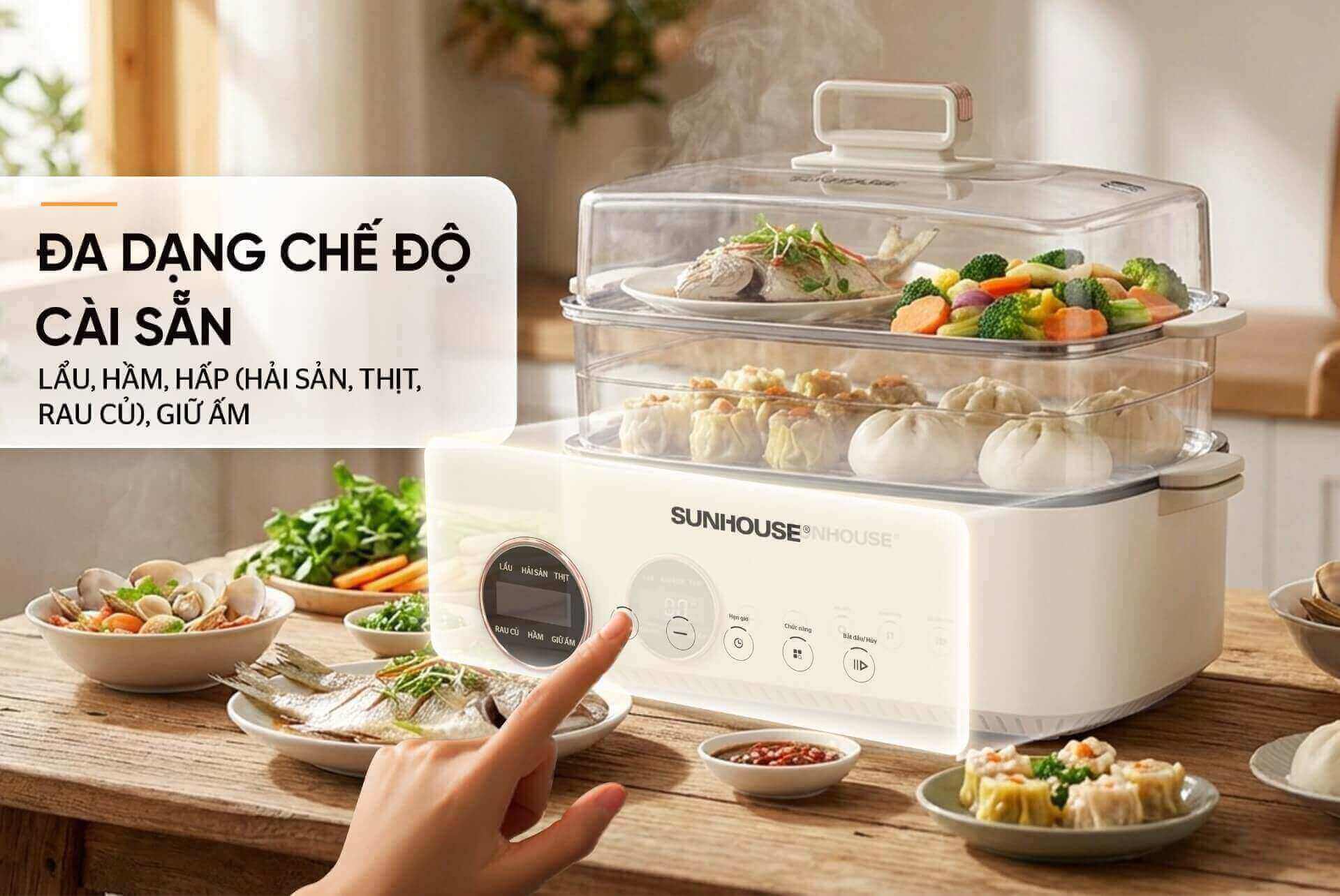 Lẩu hấp đa năng 14. 5l sunhouse shd4593 8 Lẩu hấp đa năng 14.5L Sunhouse SHD4593 bảng điểu khiển cảm ứng đa dạng chế độ nấu