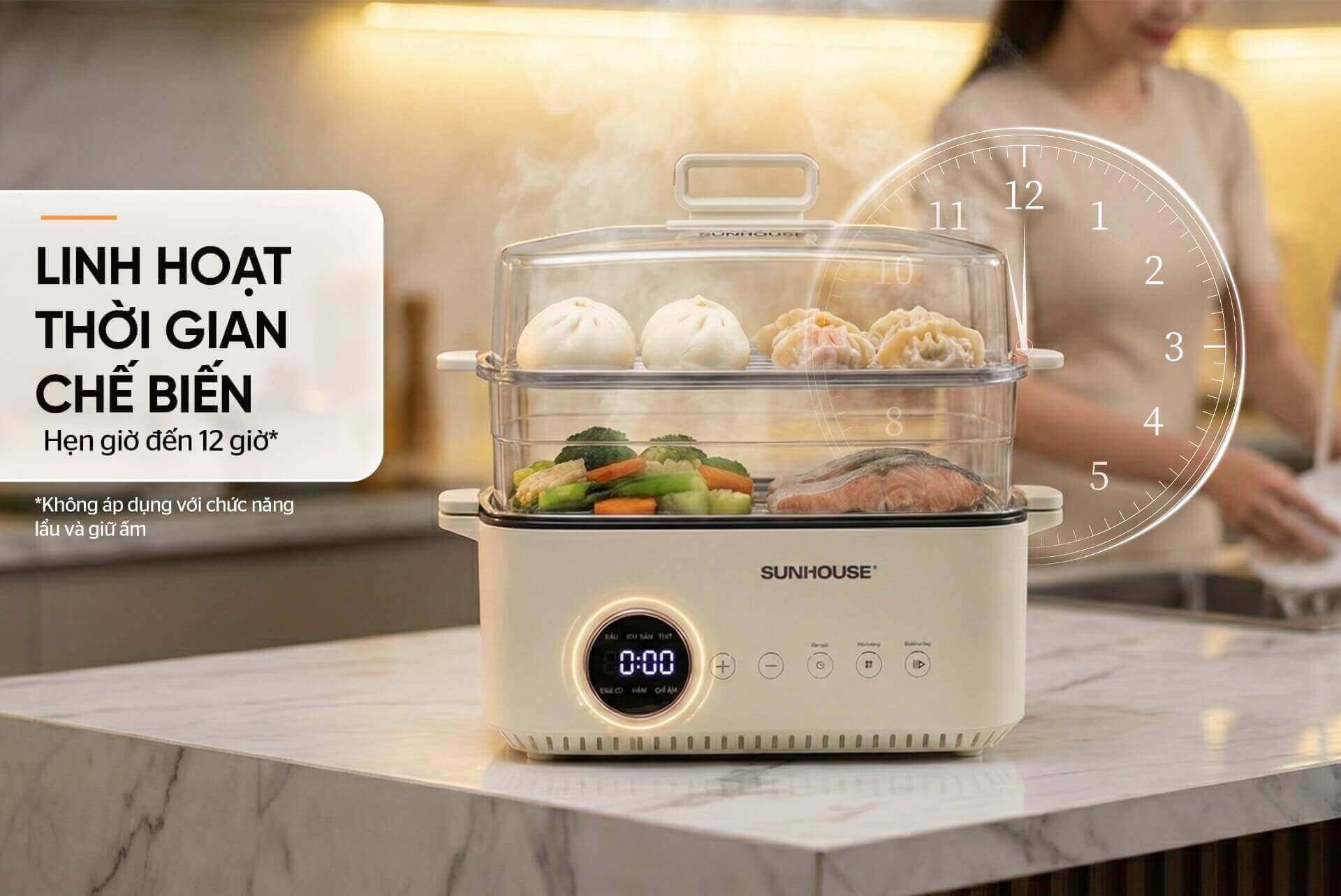 Lẩu hấp đa năng 14. 5l sunhouse shd4593 9 Lẩu hấp đa năng 14.5L Sunhouse SHD4593 chế độ hẹn giờ