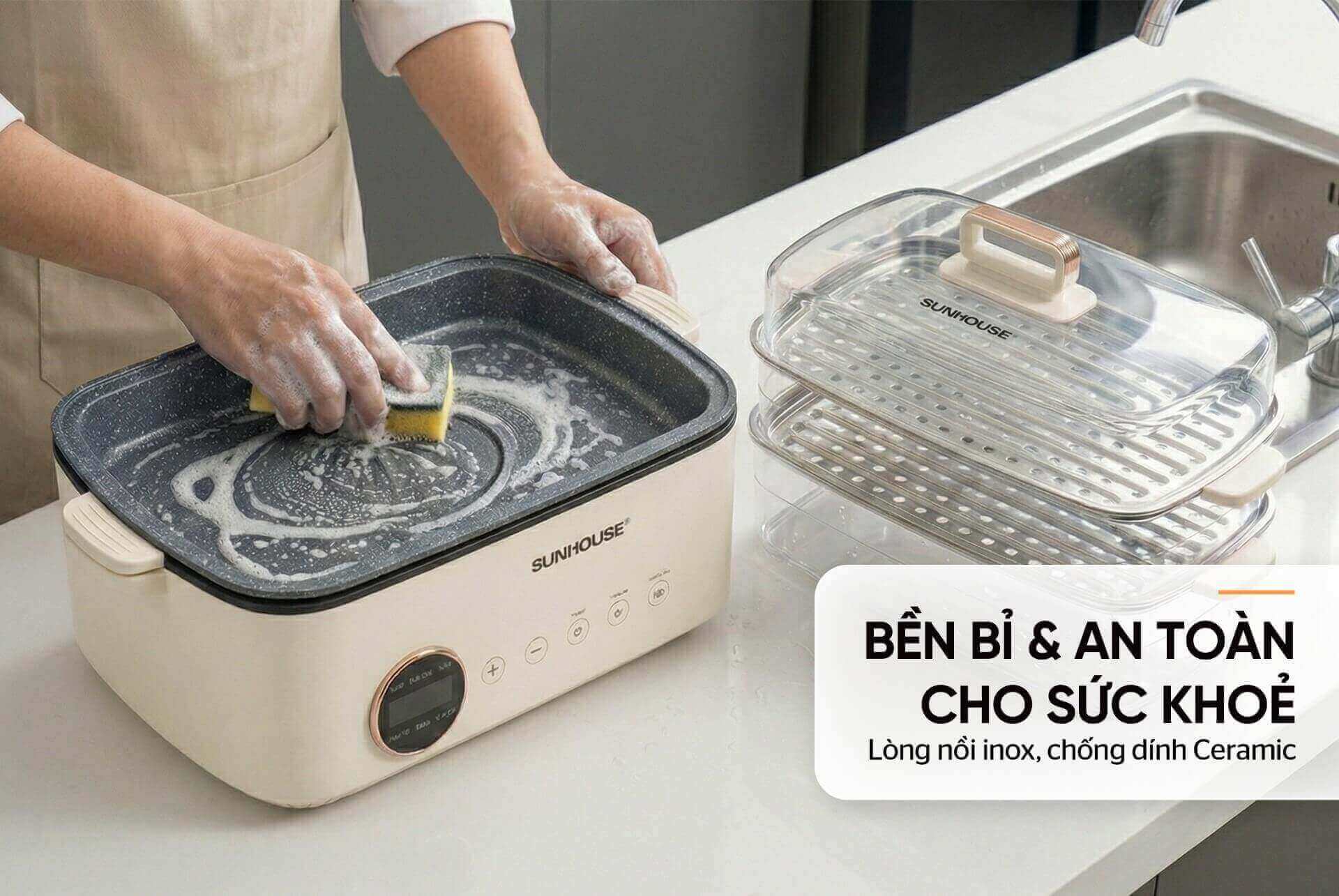 Lẩu hấp đa năng 14. 5l sunhouse shd4593 10 Lẩu hấp đa năng 14.5L Sunhouse SHD4593 lòng nồi inox, phủ chống dính ceramic