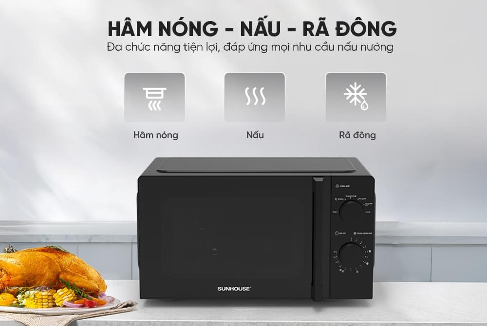 Lò vi sóng 20L Sunhouse SHD4822 đa năng với hâm nóng, rã đông, nấu món ăn