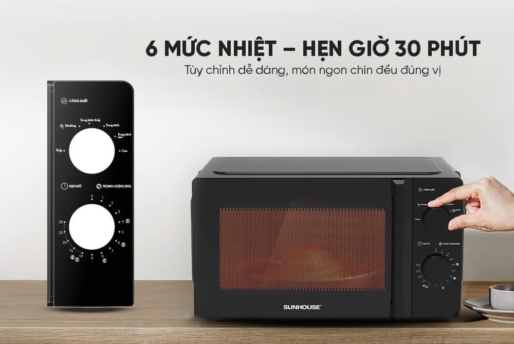 Lò vi sóng 20L Sunhouse SHD4822 có 6 mức nhiệt, hẹn giờ 30 phút