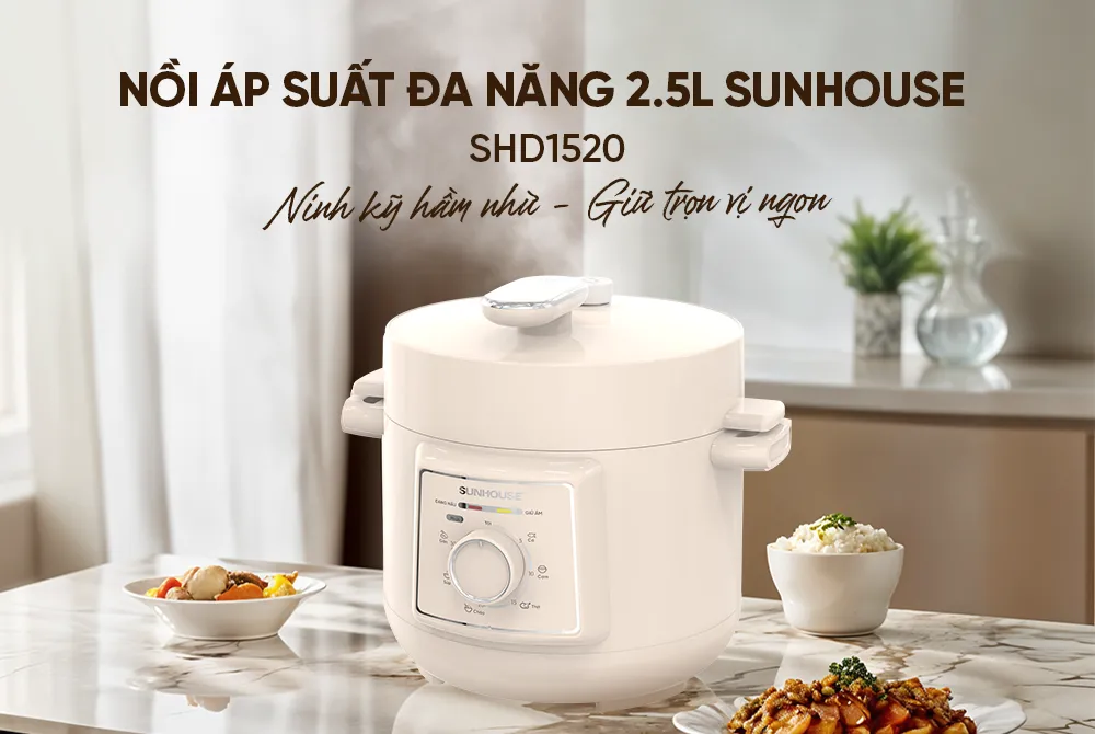 Nồi áp suất điện đa năng 2. 5l sunhouse shd1520 10 Nồi áp suất nhỏ màu trắng SUNHOUSE SHD1520 ninh kỹ, hầm nhừ, giữ trọn vị ngon