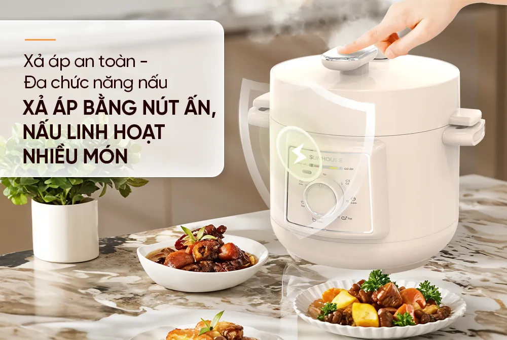 Nồi áp suất điện đa năng 2. 5l sunhouse shd1520 8 Nồi áp suất 2.5L SUNHOUSE SHD1520 xả áp bằng nút ấn an toàn