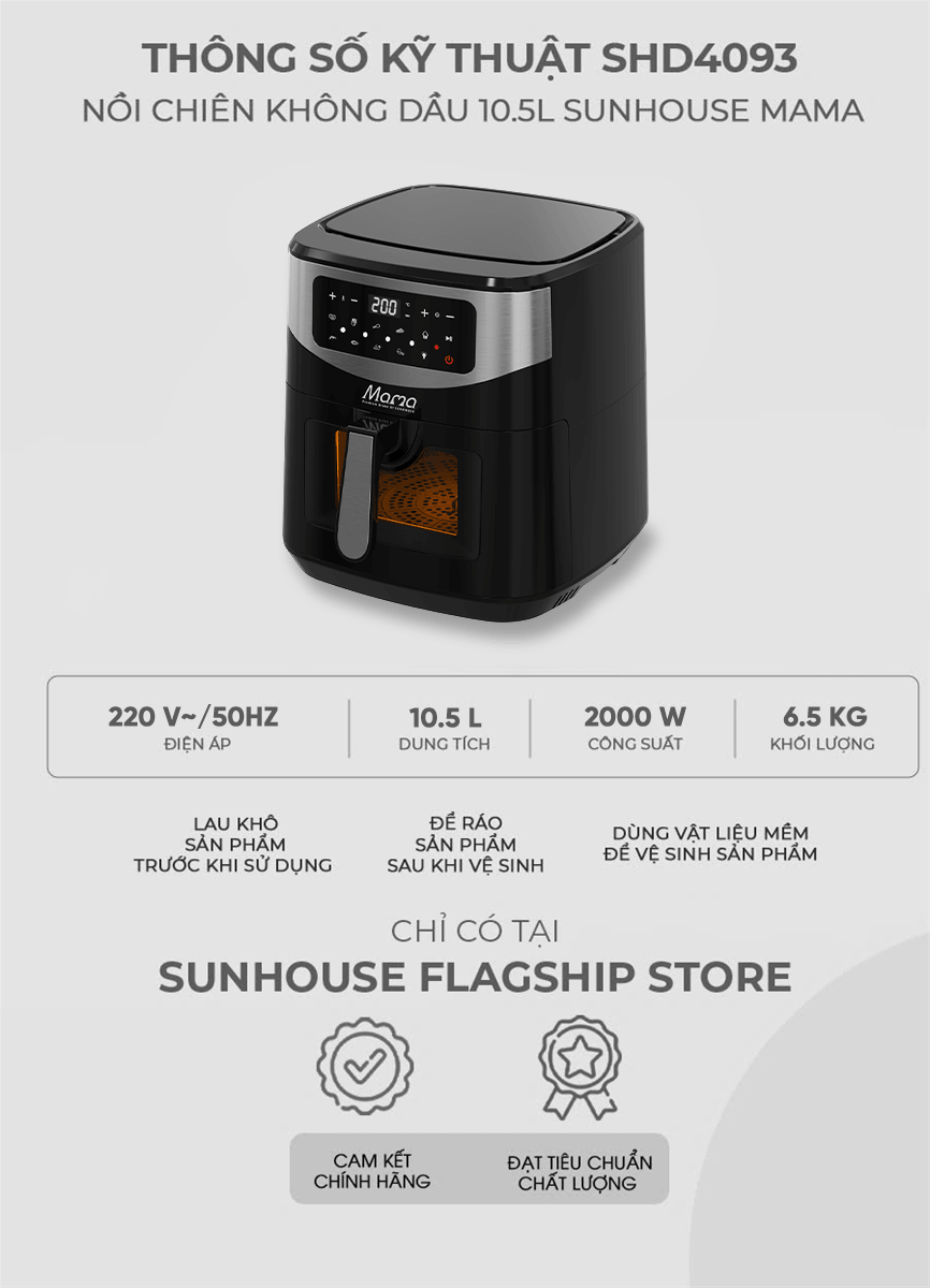 Nồi chiên không dầu 10.5L SUNHOUSE Mama SHD4093 thông số kĩ thuật