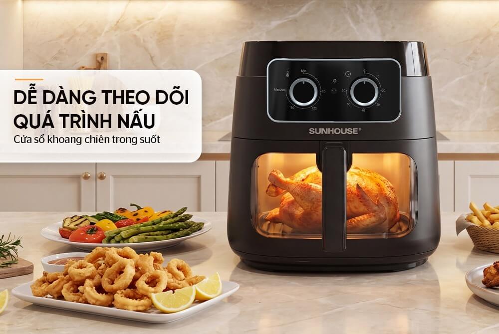 Nồi chiên không dầu 8l sunhouse shd4042 8 Nồi chiên không dầu 8L SUNHOUSE SHD4042 Cửa sổ quan sát trong suốt và đèn chiếu sáng