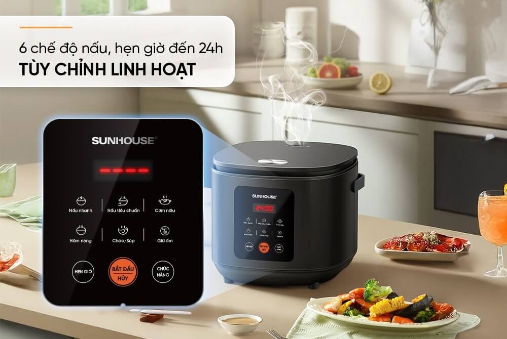 Nồi cơm điện tử 1. 5l sunhouse shd8825 9 Nồi cơm điện tử 1.5L Sunhouse SHD8825 6 chế độ nấu, hẹn giờ lên đến 24h