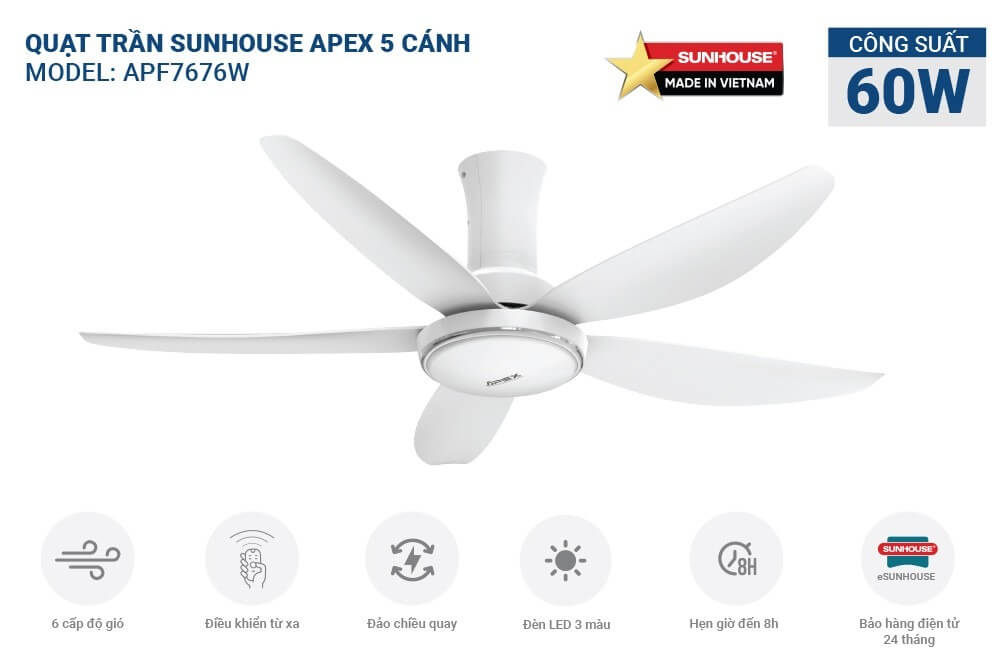 Quạt trần 5 cánh có đèn SUNHOUSE APEX APF7676W thông số kĩ thuật
