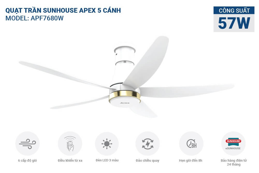 QUẠT TRẦN 5 CÁNH CÓ ĐÈN SUNHOUSE APEX APF7680W